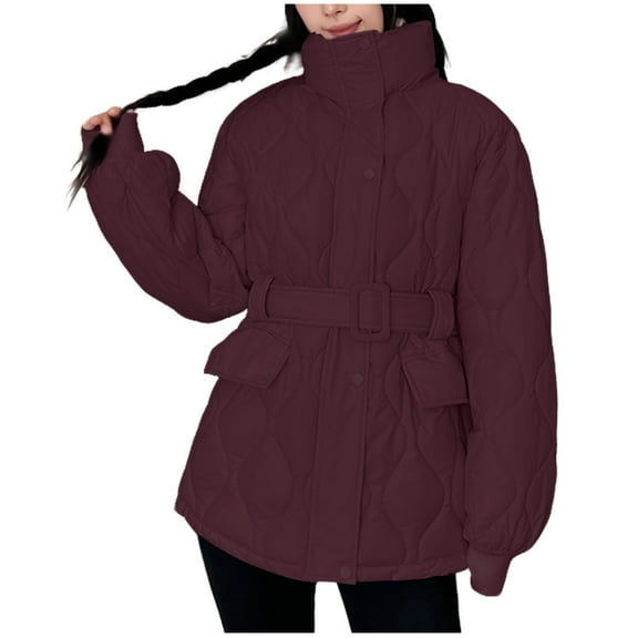 Riecok Winter Coats for Women Long Sleeve Jackets Zip Up Coats with Pockets and Belt Solid Color Casual Trendy Outerwear