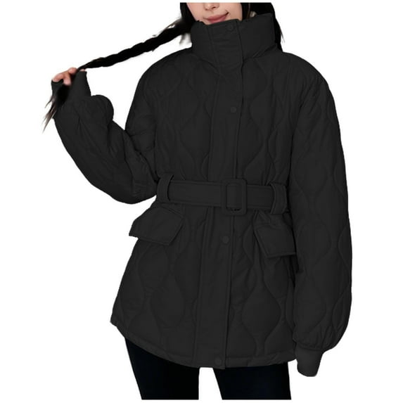 Riecok Winter Coats for Women Long Sleeve Jackets Zip Up Coats with Pockets and Belt Solid Color Casual Trendy Outerwear