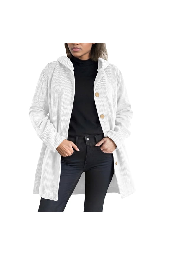Winter Coats for Women Ribbed Long Sleeve Hooded Jackets Button Down Coats with Pockets Casual Warm Clothes