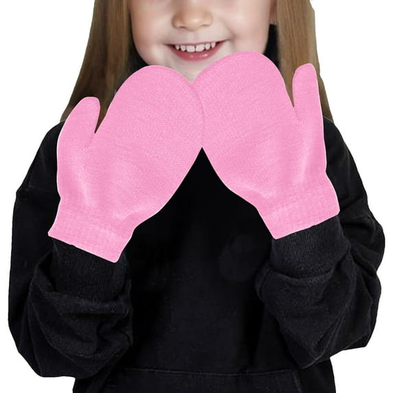 Riecok Winter Gloves Toddler Stretch Solid Color Thermal Insulated Warm Kintted Gloves for Outdoor Sports Pink Free Size