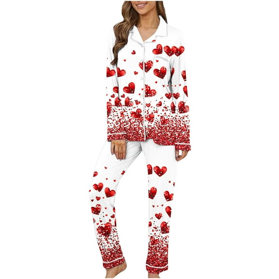 Riecok Winter Pajama Sets for Women Long Sleeve Button down Shirts and Pants Heart Print Baggy Soft Sleepwear