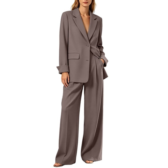 LYEAA Women Business Suit Sets 2 Piece Oversized Matching Set Long Sleeve Blazer Wide Leg Pant Formal Office Outfits