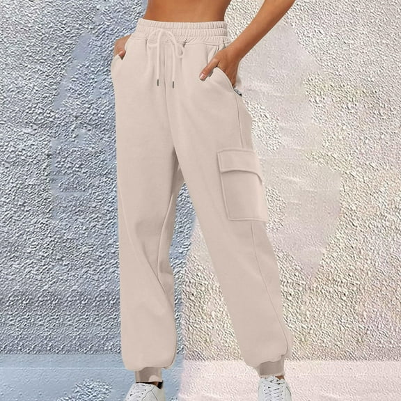 Riecok Women Cargo Sweatpants High Waist Drawstring Wide Leg Solid Color Workout Lounge Trousers with Pockets