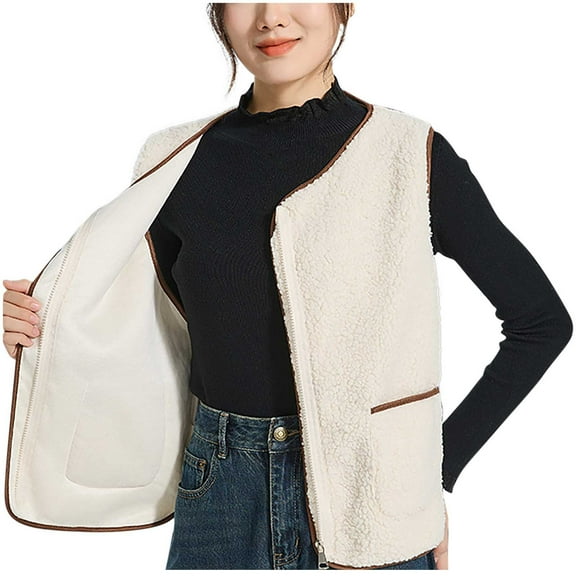 Riecok Women Cropped Vest Lapel Neck Sleeveless Jackets Zip up Quilted Coats with Pockets Baggy Casual Outerwear