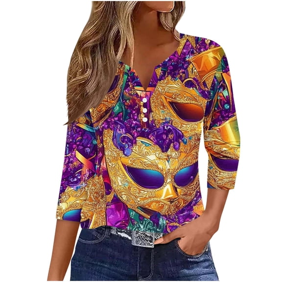 Riecok Women Mardi Gras Blouse 3/4 Sleeve Mask Print V Neck Pullover Button down Tunic Tops Funny Holiday Tee Shirts