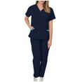 thumbnail image 1 of Riecok Women Nurse Uniforms V Neck Short Sleeve Tops and Drawstring Pant Comfortable 2 Piece Workwear with Pockets, 1 of 5