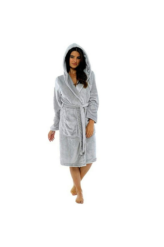 Women Robes Plush Cozy Soft Long Sleeve Warm Bathrobe with Front Pockets and Tie Closure Casual Nightgown Gray 5XL