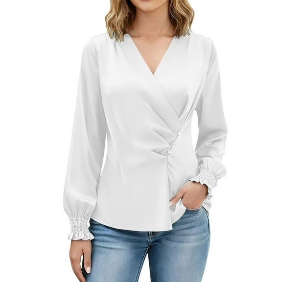 Riecok Women Silk Satin Shirts Long Sleeve Solid V Neck Pullover Pleated Tunic Tops Casual Dressy Blouses