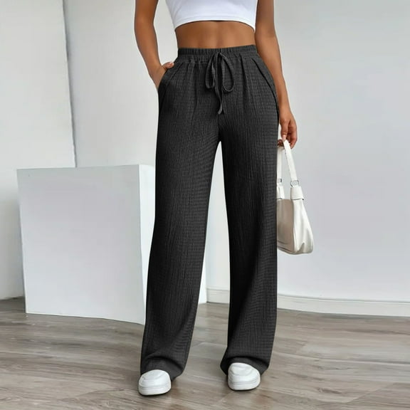 Riecok Women Sweatpants Pants High Waist Drawstring Straight Leg Solid Color Active Lounge Trousers Loose Workout Joggers