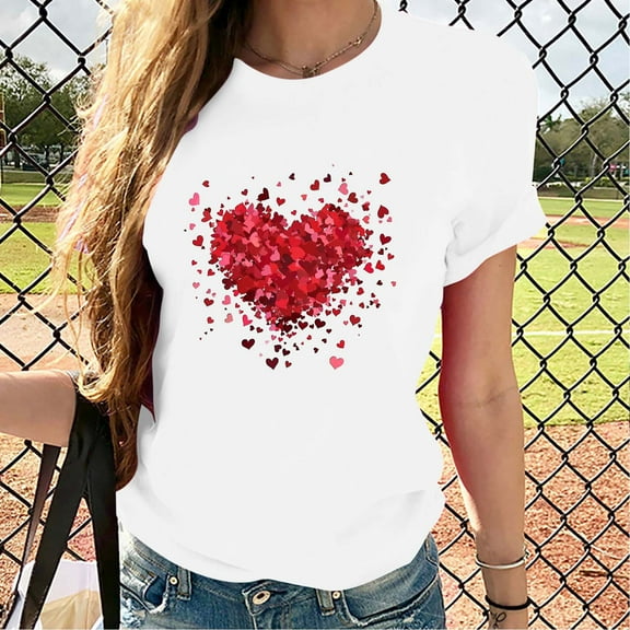 Riecok Women Womens T-Shirts Valentine's Day Print Short Sleeve T-shirt Scoop Neck Love Graphic Tee Summer Comfy Casual Short Sleeve Tops Red XL