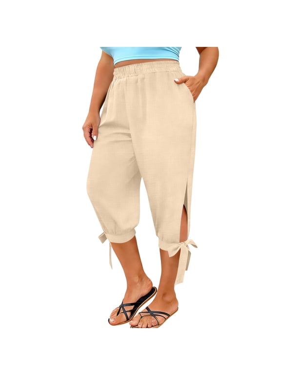 Women's Linen Capri Pants for Summer Elastic Waist Pants Side Split Tie Bow Hem Pants Casual Trousers with Pockets