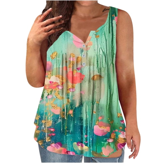 Riecok Women's Plus Size Tops and Blouses T Shirts Fashion Indoor and Outdoor Casual Plus Size Tunic Floral Print Blouses Vests Pleated Solid Color Loose 2024 Summer Round Neck Green 3XL