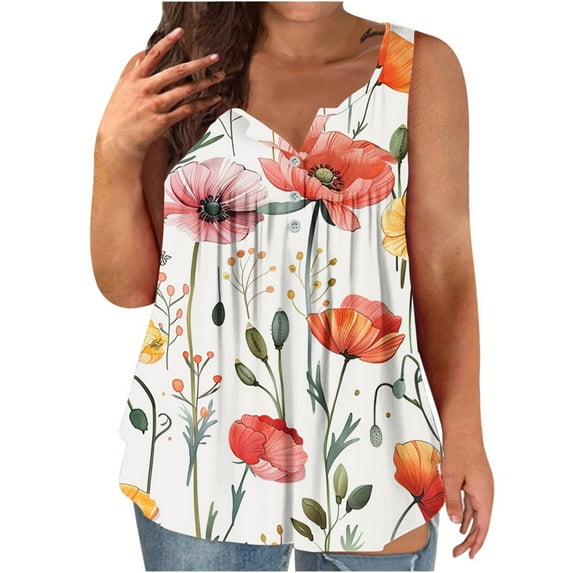 Riecok Women's Plus Size Tops and Blouses T Shirts Fashion Indoor and Outdoor Casual Plus Size Tunic Floral Print Blouses Vests Pleated Solid Color Loose Summer Round Neck White 3XL