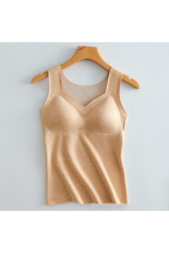 Women's Thermal Shirt Shapewear Bodysuit for Women Round-Neck Built-In Bra Button Warmth Winter Fall Fashion Comfortable Beige M