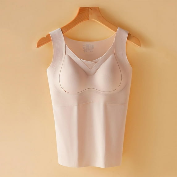 Riecok Women's Thermal Shirt Shapewear Bodysuit for Women Round-Neck Built-In Bra Button Warmth Winter Fall Fashion Shaper Slimming Girdles Beige M