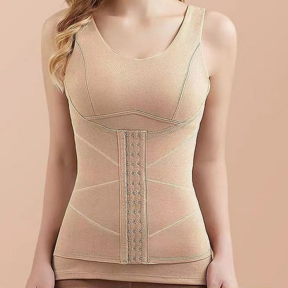 Riecok Women's Thermal Shirt Solid Thermo Vest Top Keep Warm Round-Neck Built-In Bra Button Warmth Winter Fall Fashion Comfortable Beige XL