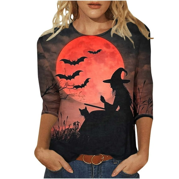 Riecok Womens 3/4 Sleeve Blouses Crewneck Witch Printed Tunic Tops Fall Casual Clothes Multicolor XL