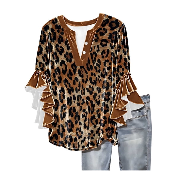 Riecok Womens 3/4 Sleeve Blouses Ruffle Oversized V Neck Pullover Ruffle Button down Tops Dressy Elegant Shirts