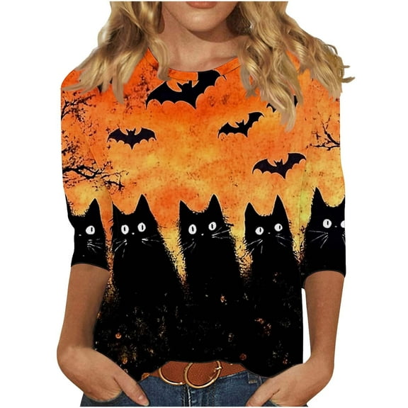 Riecok Womens 3/4 Sleeve T Shirts Crewneck Cute Cat Printed Tunic Tops Basic Tee Blouses Multicolor 2XL