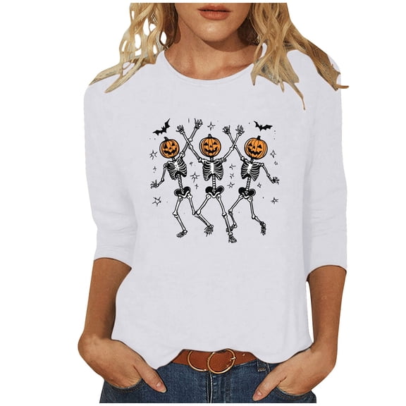 Riecok Womens 3/4 Sleeve T Shirts Crewneck Halloween Printed Tunic Tops Basic Tee Blouses White S