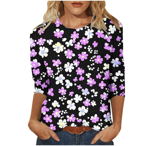 Riecok Womens 3/4 Sleeve T Shirts Floral Print Crewneck Pullover Lightweight Tunic Tops Classic Casual Blouses