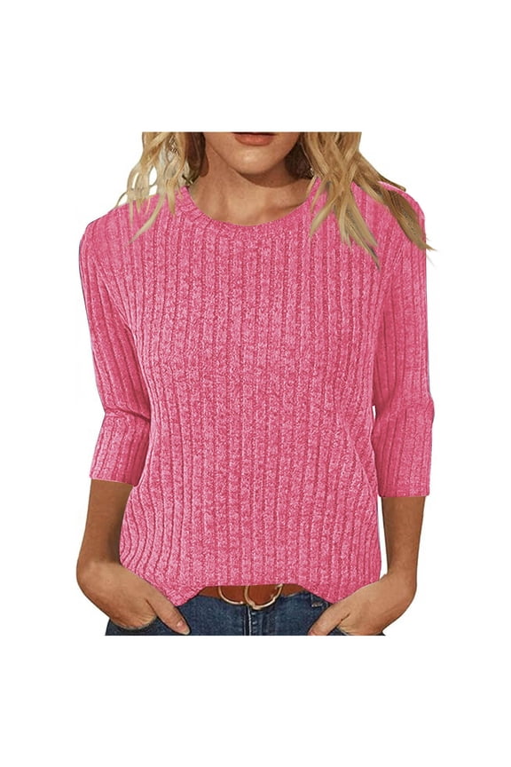 Womens 3/4 Sleeve T Shirts Solid Crewneck Pullover Ribbed Knit Tunic Tops Stretchy Casual Blouses
