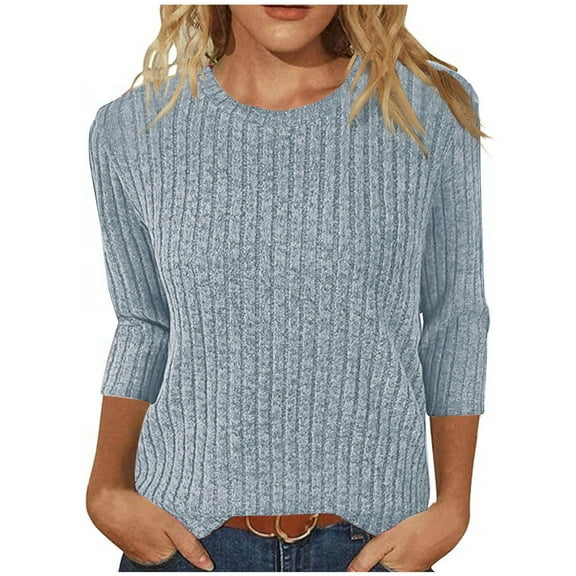 Riecok Womens 3/4 Sleeve T Shirts Solid Crewneck Pullover Ribbed Knit Tunic Tops Stretchy Casual Blouses
