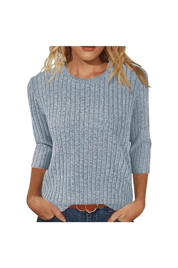 Womens 3/4 Sleeve T Shirts Solid Crewneck Pullover Ribbed Knit Tunic Tops Stretchy Casual Blouses