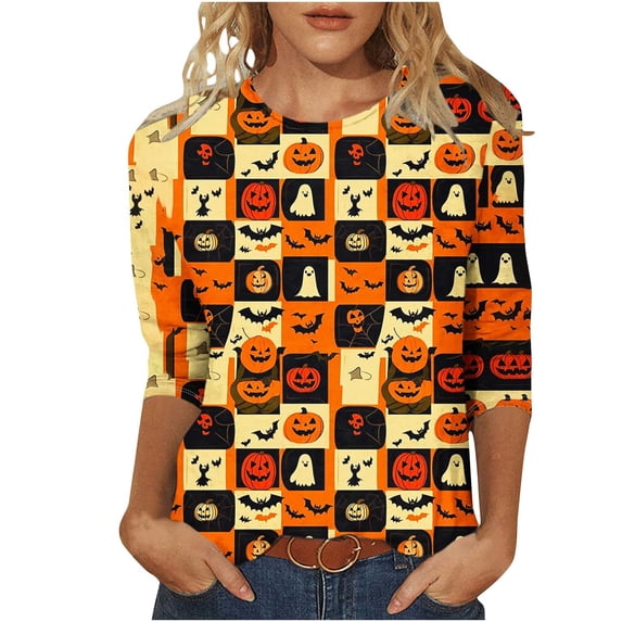 Riecok Womens 3/4 Sleeve Tee Shirts Crewneck Pumpkin Printed Tunic Tops Holiday Party Clothes Multicolor 3XL