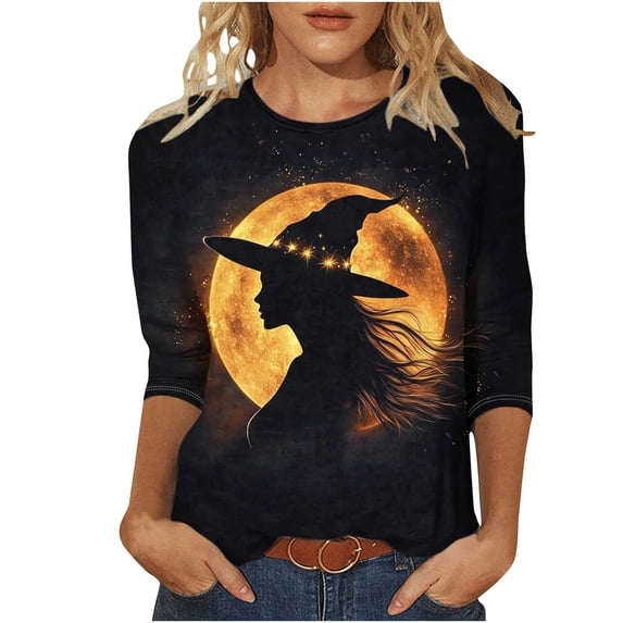 Riecok Womens 3/4 Sleeve Tee Shirts Crewneck Witch Hat Printed Tunic Tops Basic Tee Blouses Multicolor 4XL