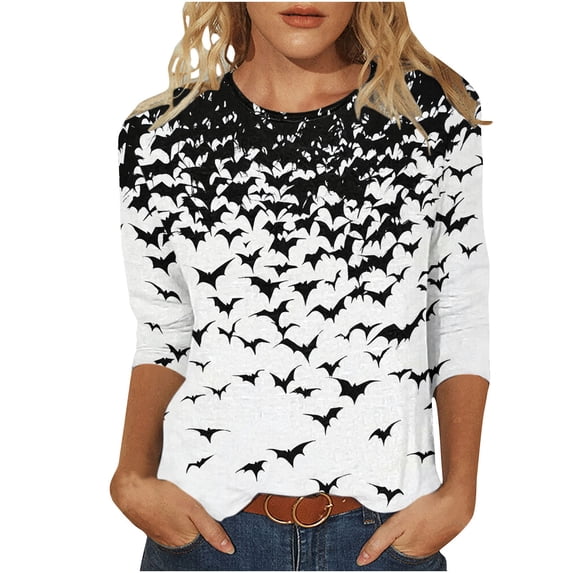Riecok Womens 3/4 Sleeve Tops Crewneck Bat Printed Loose Shirts Casual Basic Blouses Black XL