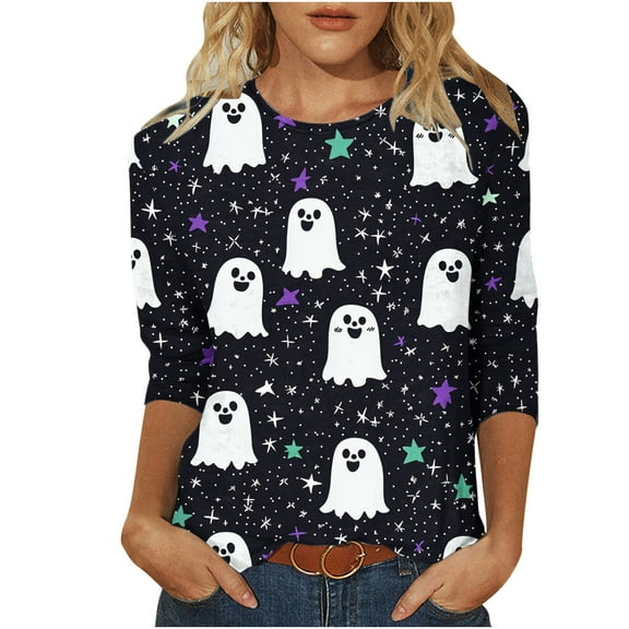 Riecok Womens 3/4 Sleeve Tops Crewneck Funny Ghost Printed Loose Shirts Loose Casual Clothes Black XL