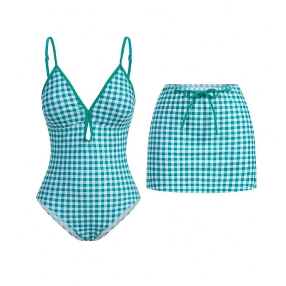 Riecok Womens Bathing Suits One Piece V Neck Swimsuits with Skirt Plaid Backless Modest Summer Beach Swimwear