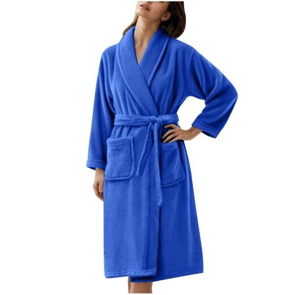 Riecok Womens Bathrobes Fleece Cozy Soft Long Sleeve Warm Bathrobe with Front Pockets and Tie Closure Causal Loungewear Sleepwear Blue 3XL