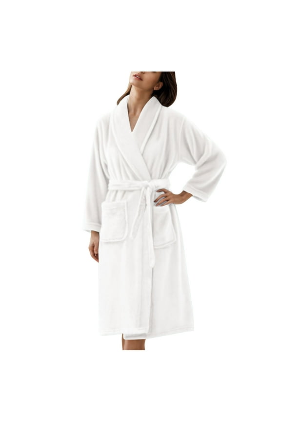Womens Bathrobes Fleece Cozy Soft Long Sleeve Warm Bathrobe with Front Pockets and Tie Closure Causal Loungewear Sleepwear White 3XL