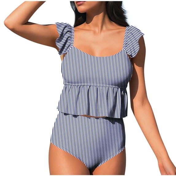 Riecok Womens Bikini Swimsuit High Waisted Adjustable Strap Ruffle Bathing Suit Modest Two Piece Swimwear