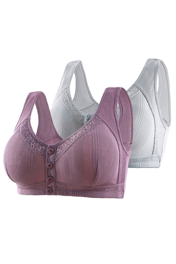 Womens Bra Wirefree Push Up Front Button Shaping Cup Everyday Bra Solid V Neck Daily Bra Spaghetti Straps Basic Bralette Beauty Causal Bras 46 Silver 2PC