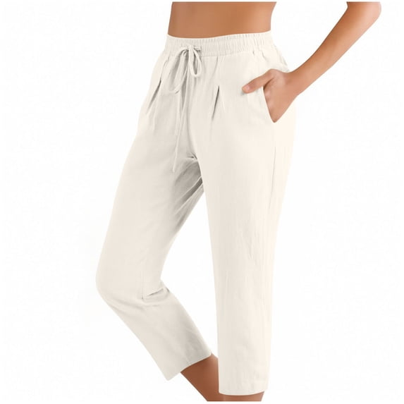 Riecok Womens Capri Pants Plus Size Summer Elastic Waist Drawstring Pant Solid Linen Slacks Casual Trouser with Pockets