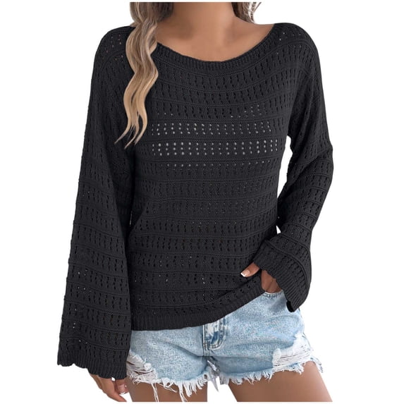 Riecok Womens Cover Up Long Sleeve Crewneck Hollow out Lightweight Swimsuit Cover Ups Summer Vacation Tops