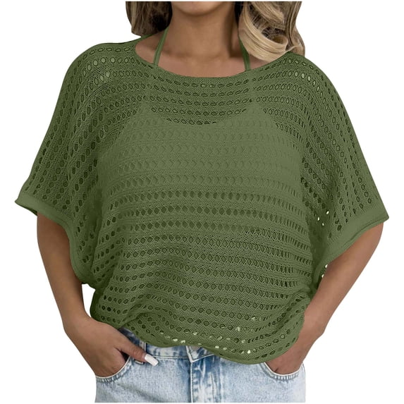 Riecok Womens Cover Up Plus Size Crewneck Hollow out Crochet Lightweight Cover Ups Summer Vacation Tops