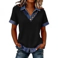 thumbnail image 1 of Riecok Womens Denim Patchwork Shirt Short Sleeve Collared Tee Shirts Solid Button Down Tunic Tops Vintage Casual T Shirts, 1 of 7