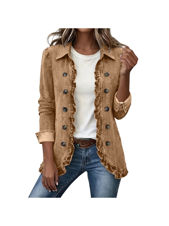 Womens Denim Ruffle Jacket Open Front Ruffle Peplum Coats Lapel Collar Button Trim Jean Jackets Casual Fall Outerwear XL