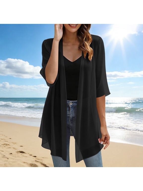 Womens Dressy Chiffon Cardigans Open Front Tops Lightweight Long Flowy Cover Up Blouse Summer Beach Wear