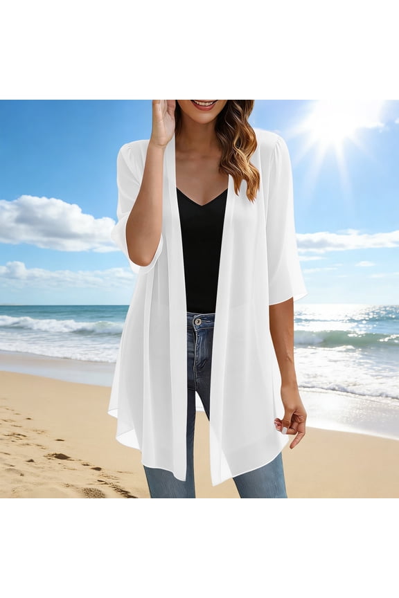 Womens Dressy Chiffon Cardigans Open Front Tops Lightweight Long Flowy Cover Up Blouse Summer Beach Wear