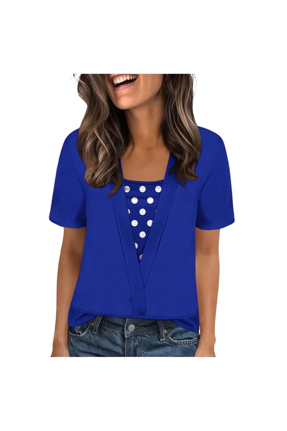 Womens Fake Two-Piece Shirts Short Sleeve Crewneck Pullover Trendy Printed Tunic Tops Loose Blouses