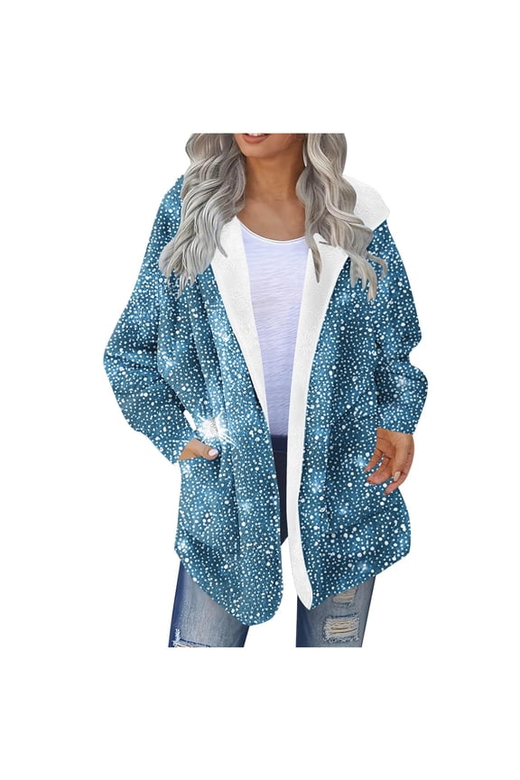 Womens Fleece Jackets Plus Size Long Sleeve Hooded Jackets Zip Up Coats with Pockets Sequin Stylish Cozy Clothes