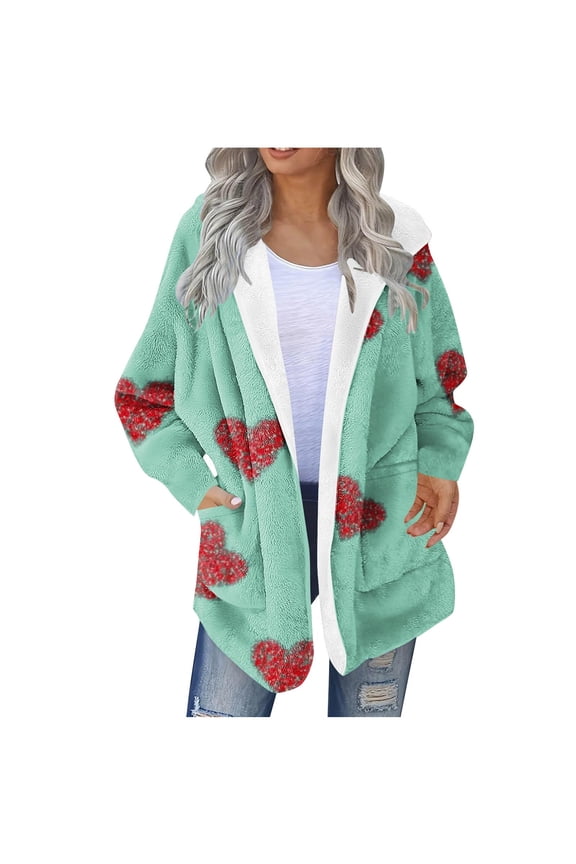 Womens Fleece Lined Jacket with Hood Long Sleeve Jackets Zip Up Coats Heart Printed Casual Stylish Clothes