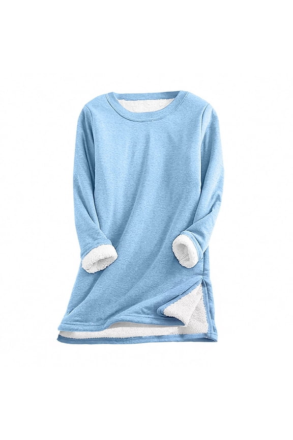 Womens Fleece Shirt Round Neck Split Sides Tunic Tops Solid Color Long Sleeve Blouses Baggy Cozy Clothes
