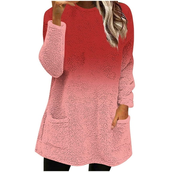 Riecok Womens Fleece Shirt Round Neck Tunic Tops Gradient Long Sleeve Blouses with Pockets Soft Warm Clothes