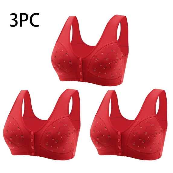 Riecok Womens Front-closure Bra Wirefree Push Up Solid V Neck Daily Bralette Breathable Spaghetti Straps Basic Bra Beauty Causal Bras Plus Size X5XL Red 3PC